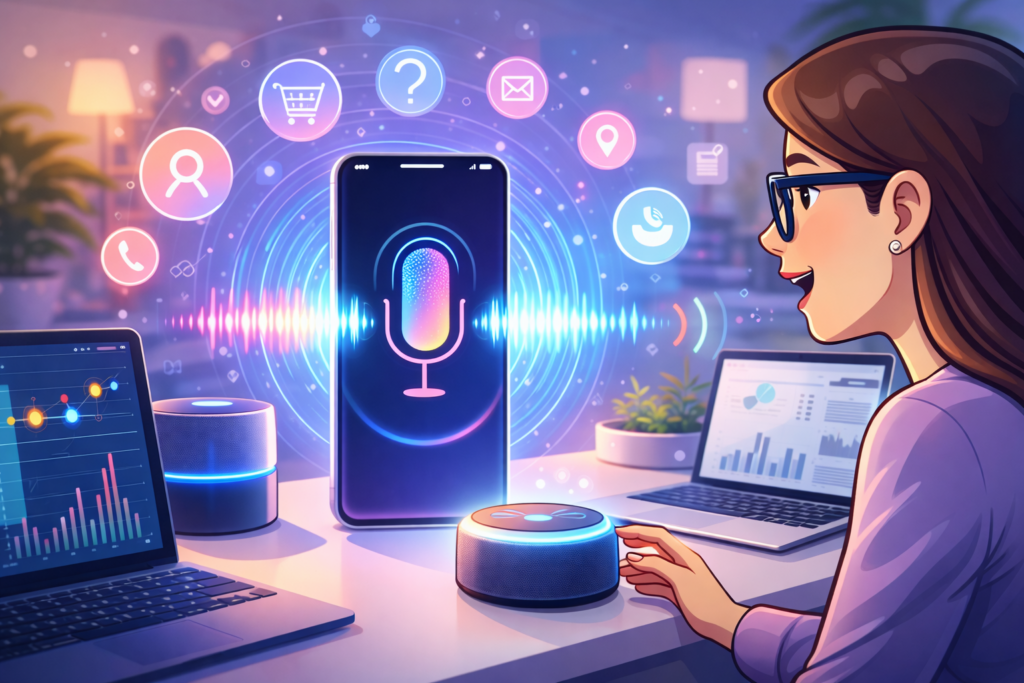 Tech-savvy woman interacting with smart devices