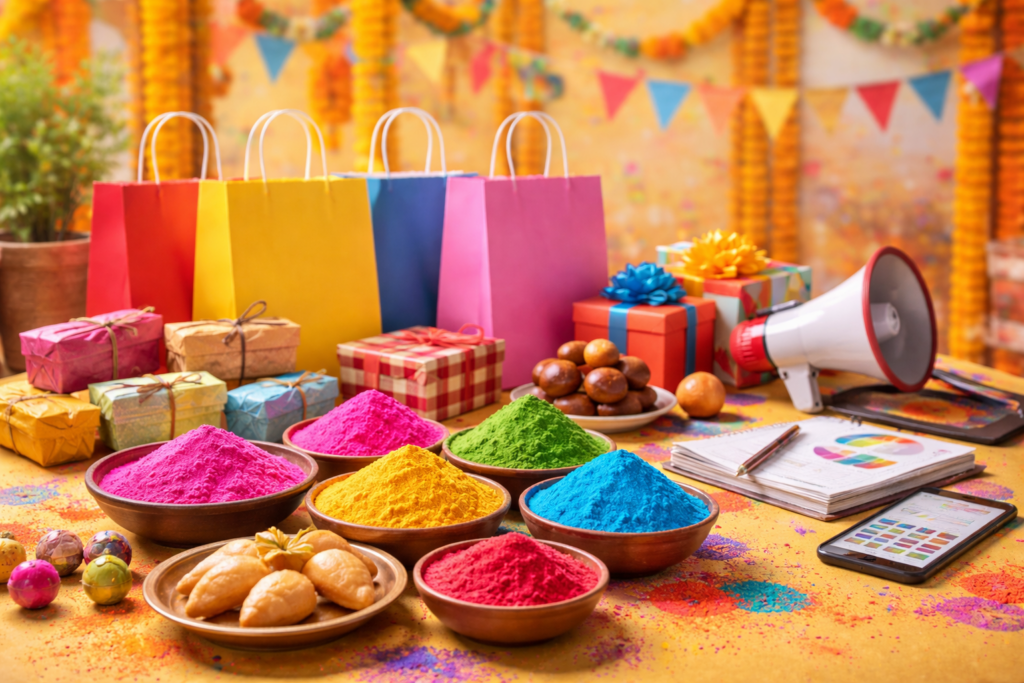 Holi festival celebration and shopping setup