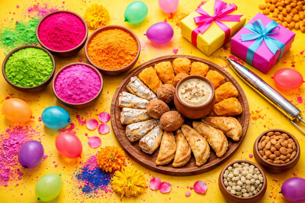 Holi celebration essentials on vibrant backdrop