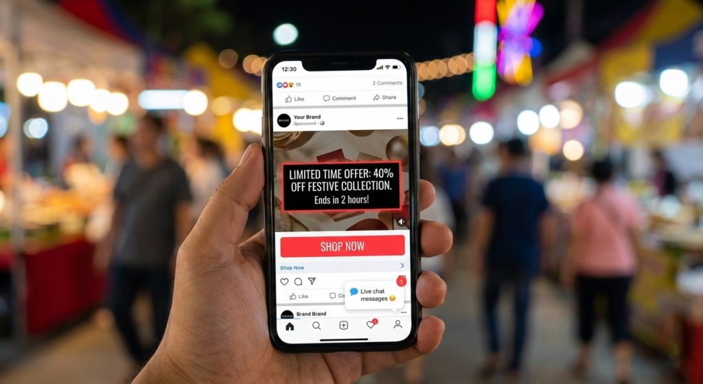 A smartphone screen displaying a targeted festival sale ad with a shop now button