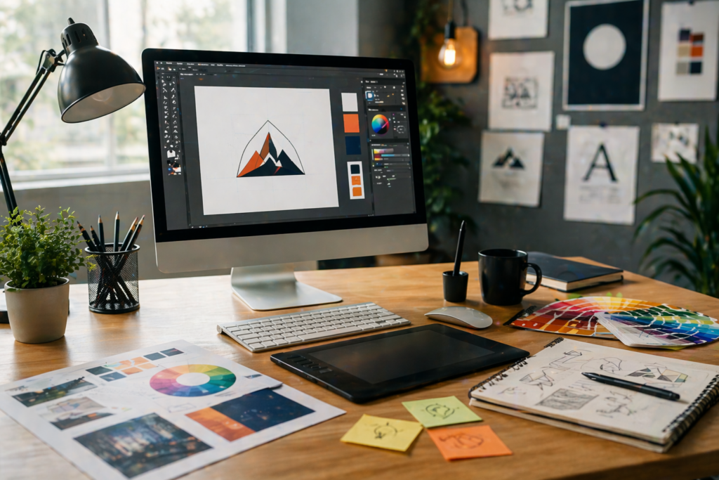 Creative graphic design agency workspace with logo sketches